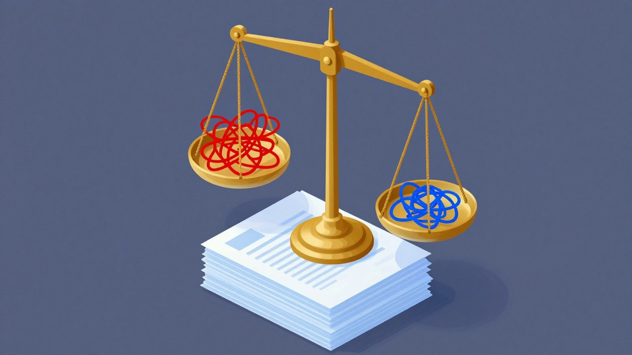 Brass scales balancing chaotic red threads against organized blue threads above files.