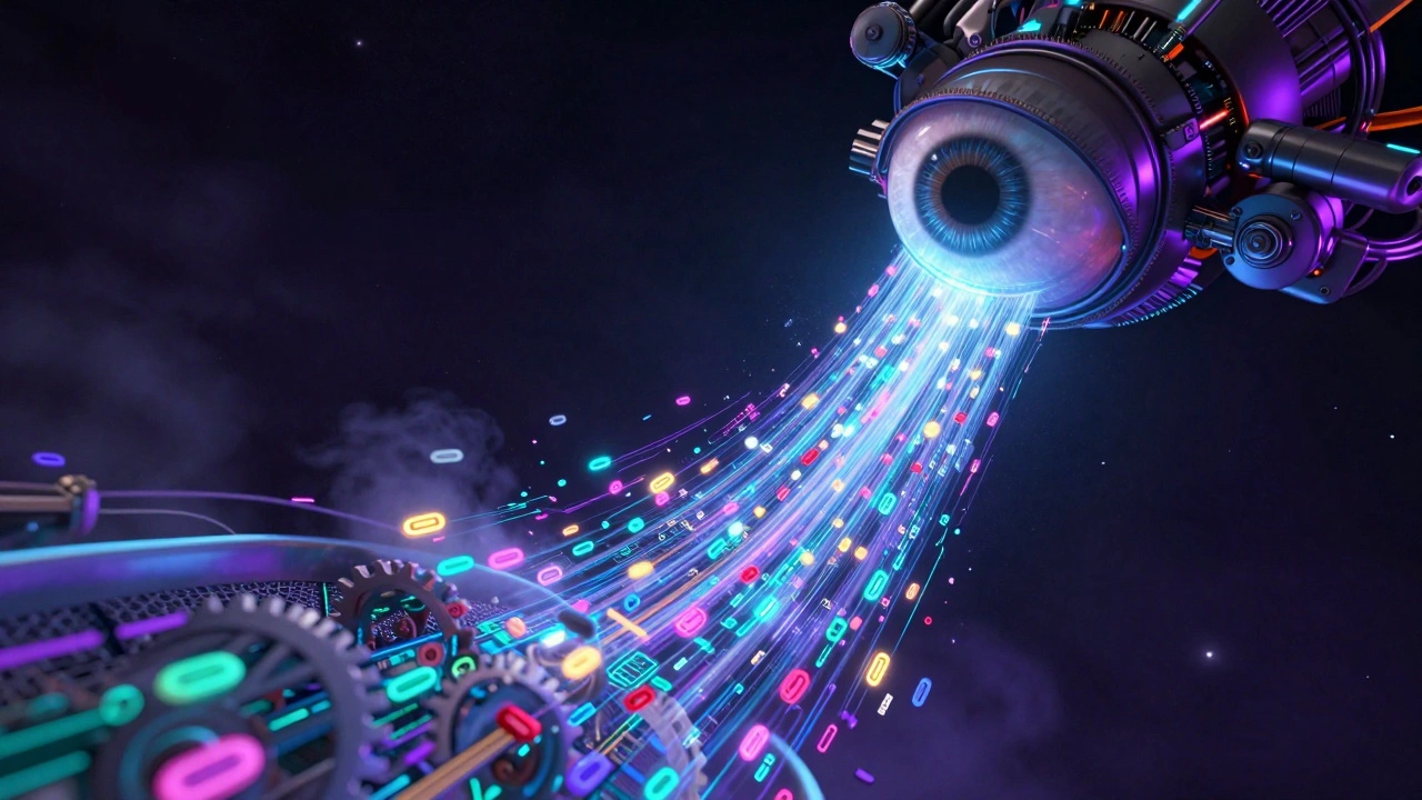 Colorful data stream flowing through a mechanical sieve filter.