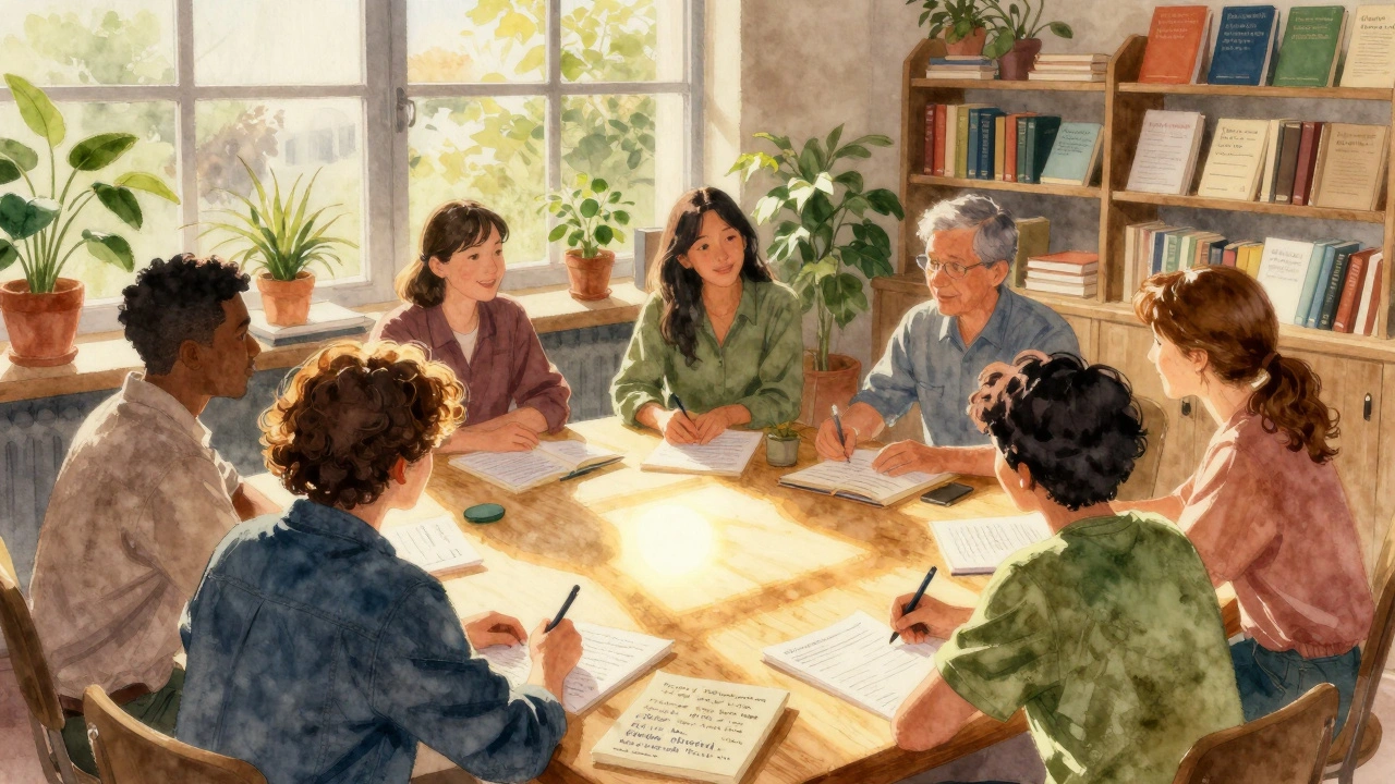 Community members gathered collaboratively in sunlit room