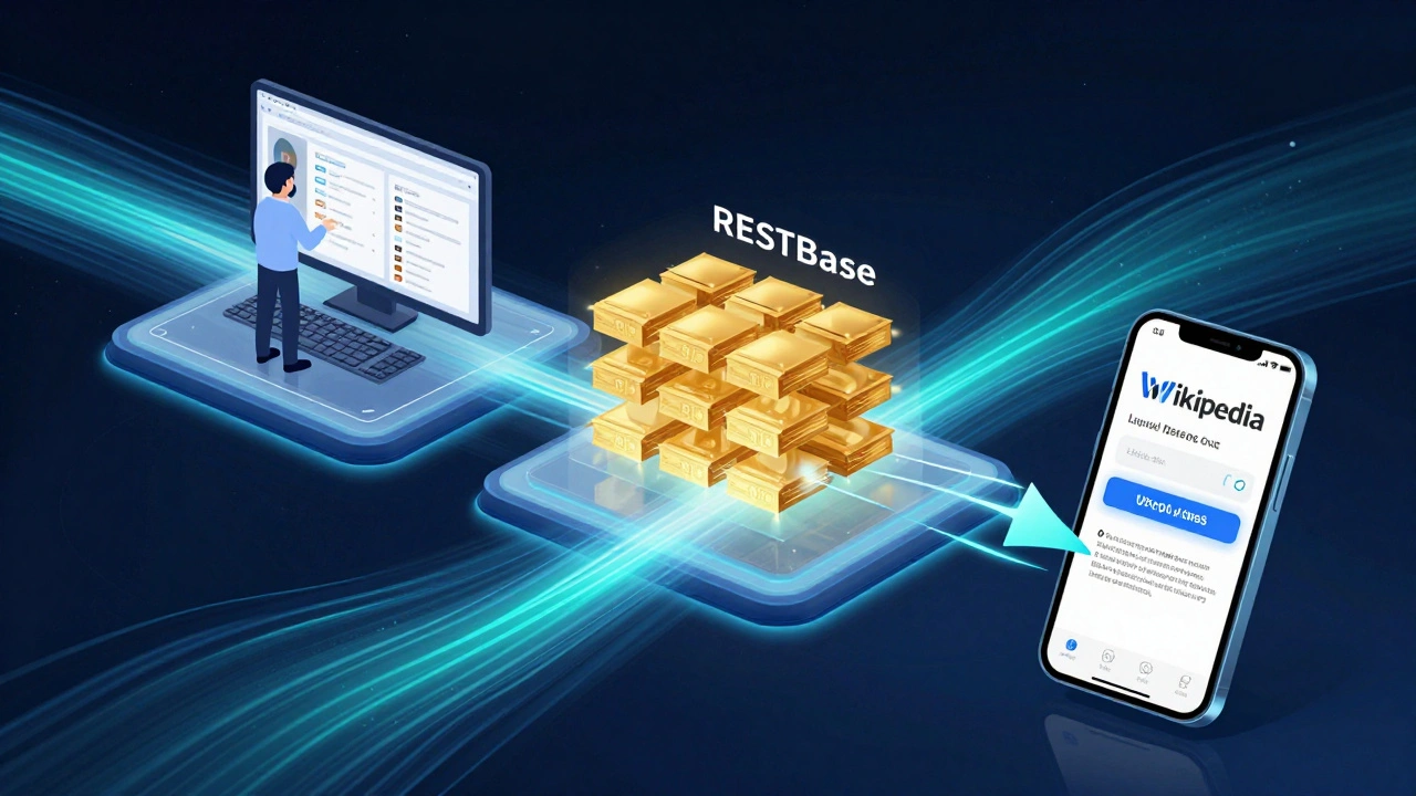 Conceptual diagram of Wikipedia's mobile data system with bots, caching layer, and smartphone receiving API data.