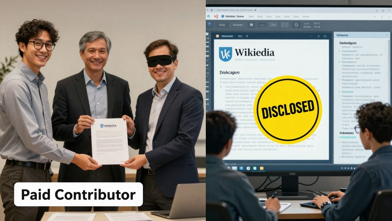 Contrasting corporate PR with transparent editing: one side hides intent, the other displays a 'DISCLOSED' badge under volunteer scrutiny.
