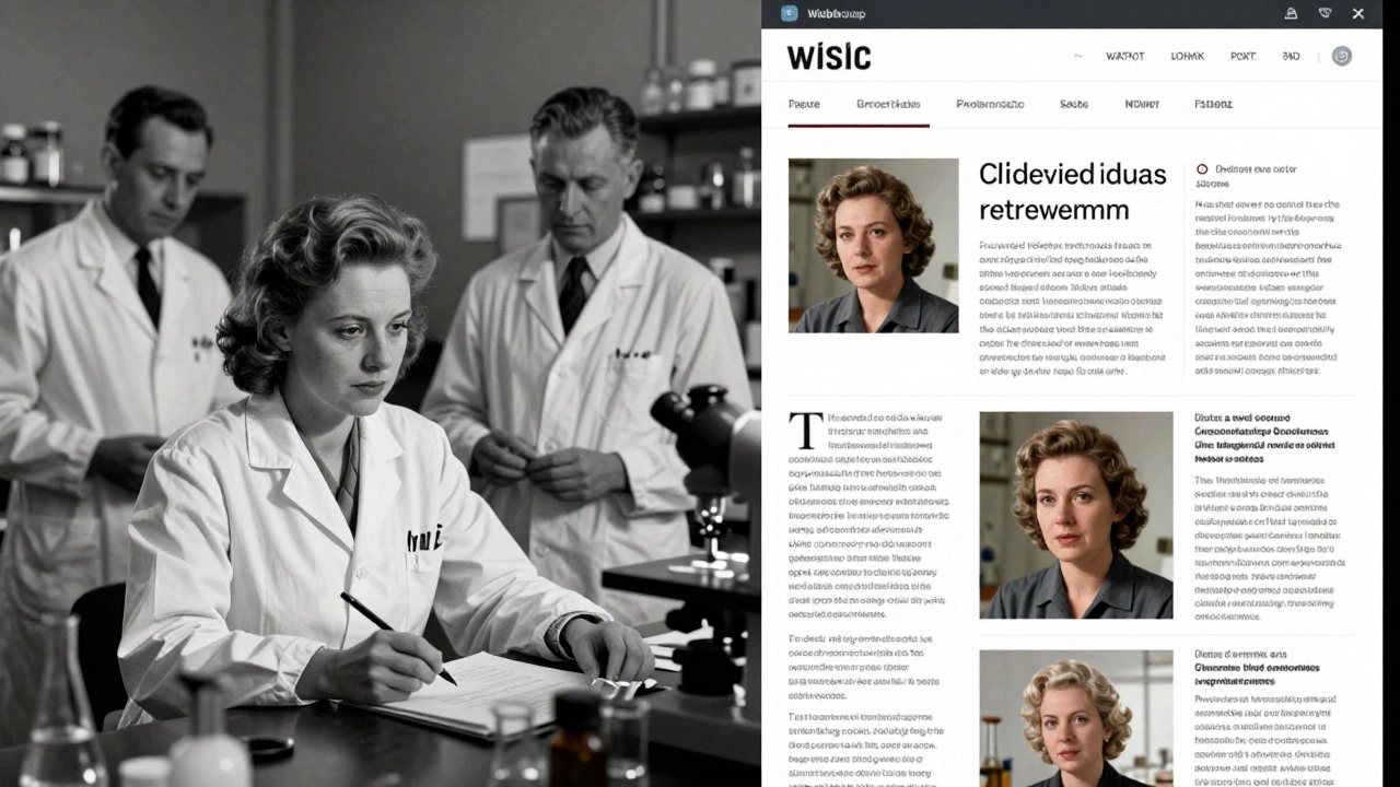 Contrasting historical invisibility of a female scientist with her modern, detailed Wikipedia biography illuminated on a screen.