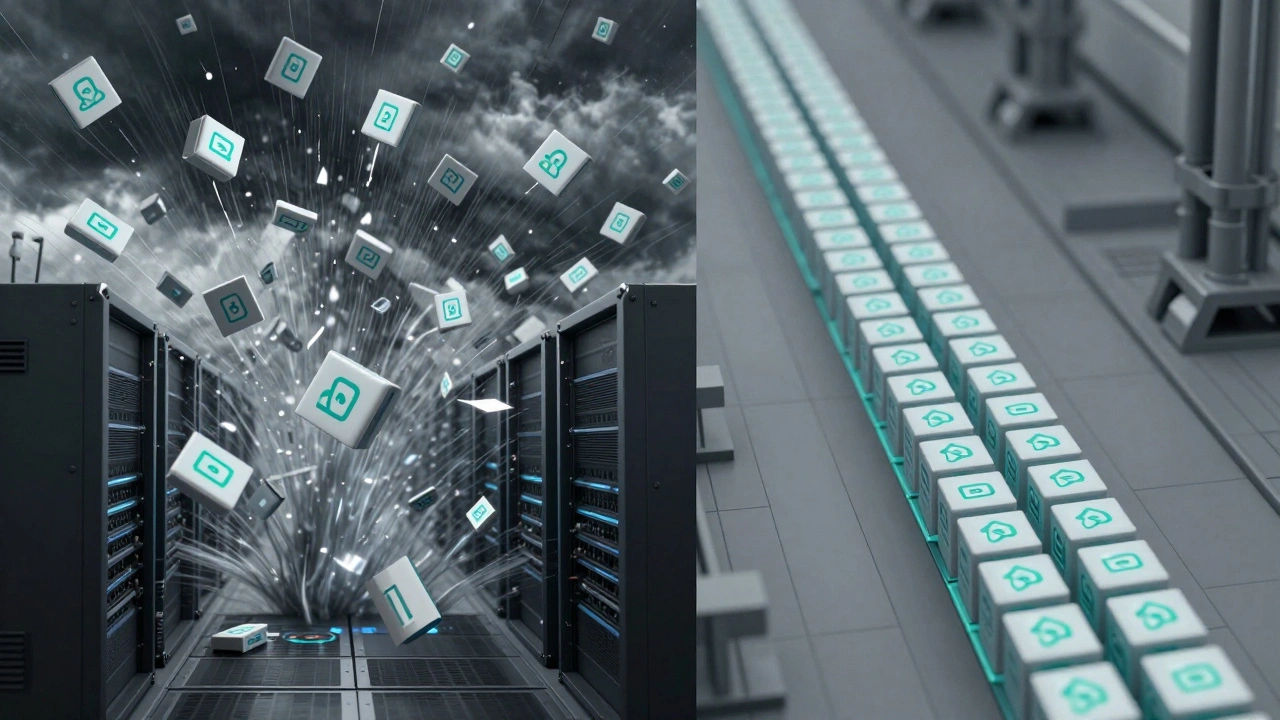 Contrasting scenes: chaotic API requests vs. orderly batched requests flowing through servers.