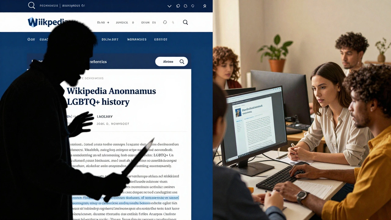 Contrasting scenes of hostile vandalism versus peaceful restoration of a Wikipedia article about LGBTQ+ history.