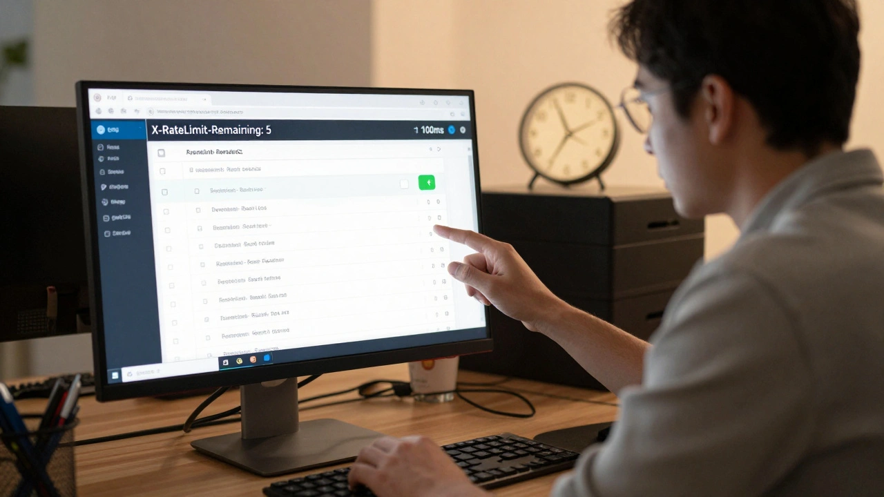 Developer reviewing API response headers on a monitor with a 100ms delay indicator.