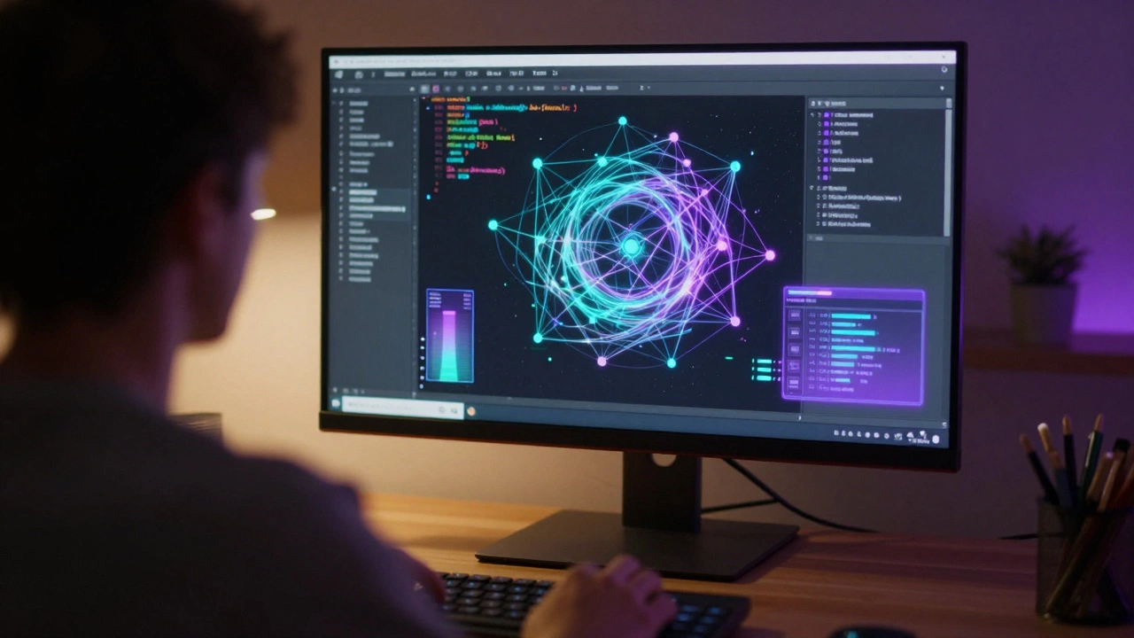 Developer working at a desk with abstract data visualizations and network nodes on screen.