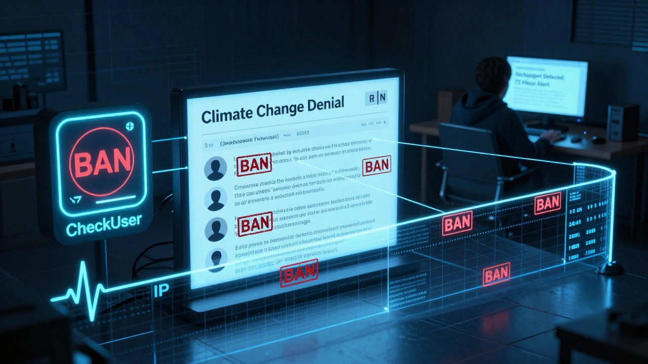 Digital barrier blocking edits on a climate article, with CheckUser tracing IP trails and a sockpuppet detection alert glowing in the corner.