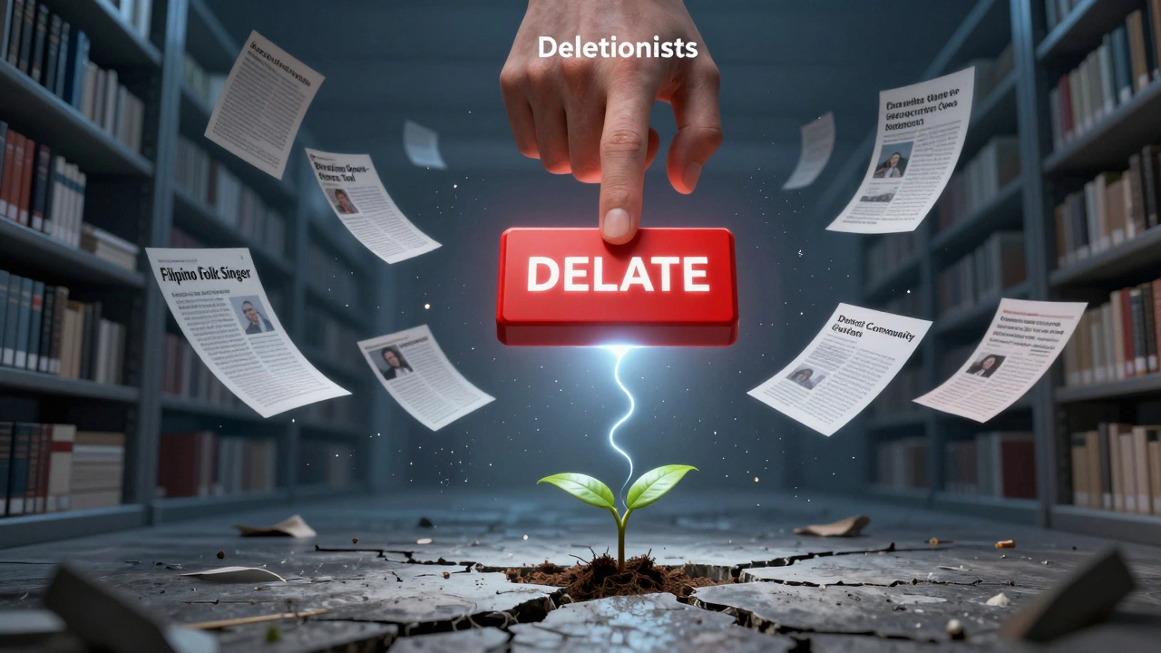 Digital fragments of deleted Wikipedia articles dissolve into dust, while a giant hand presses delete over a small sprouting plant.