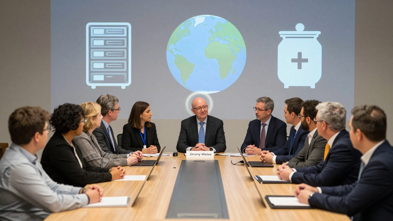 Diverse Board of Trustees members at a meeting, with icons representing AI, censorship, and funding challenges behind them.