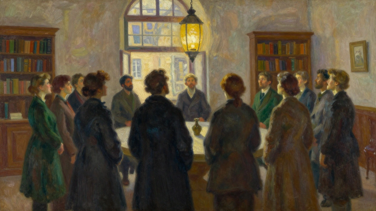 Diverse figures gathered around a central lantern in a collaborative town hall.