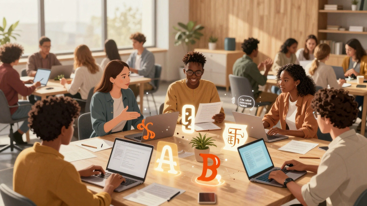 Diverse group collaborating at editing workshop with laptops