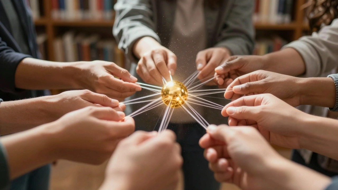 Diverse hands merging light threads into a golden sphere, symbolizing consensus without devices.