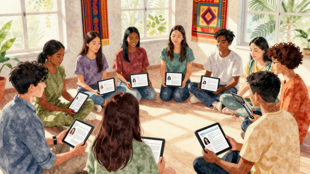 Diverse students creating Wikipedia articles on underrepresented scholars, bathed in sunlight.