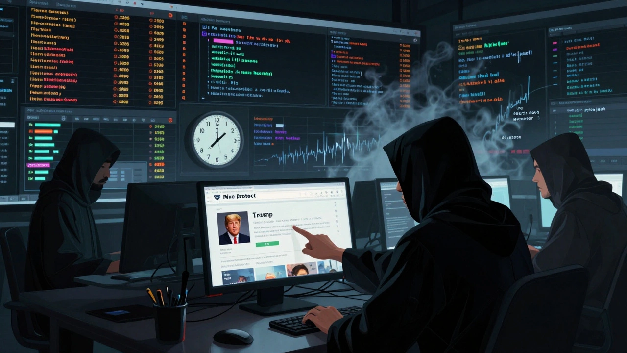 Diverse volunteer editors monitor a real-time dashboard with flashing alerts, preparing to protect a high-profile Wikipedia page during a breaking event.