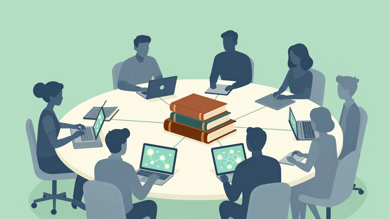 Diverse volunteers collaborating around books and tablets