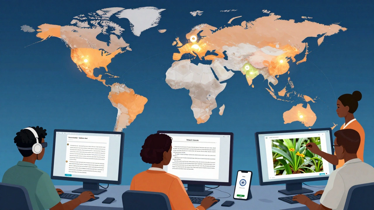 Diverse volunteers from Nigeria, India, and Nepal collaborating virtually on Wikipedia accessibility and translation.