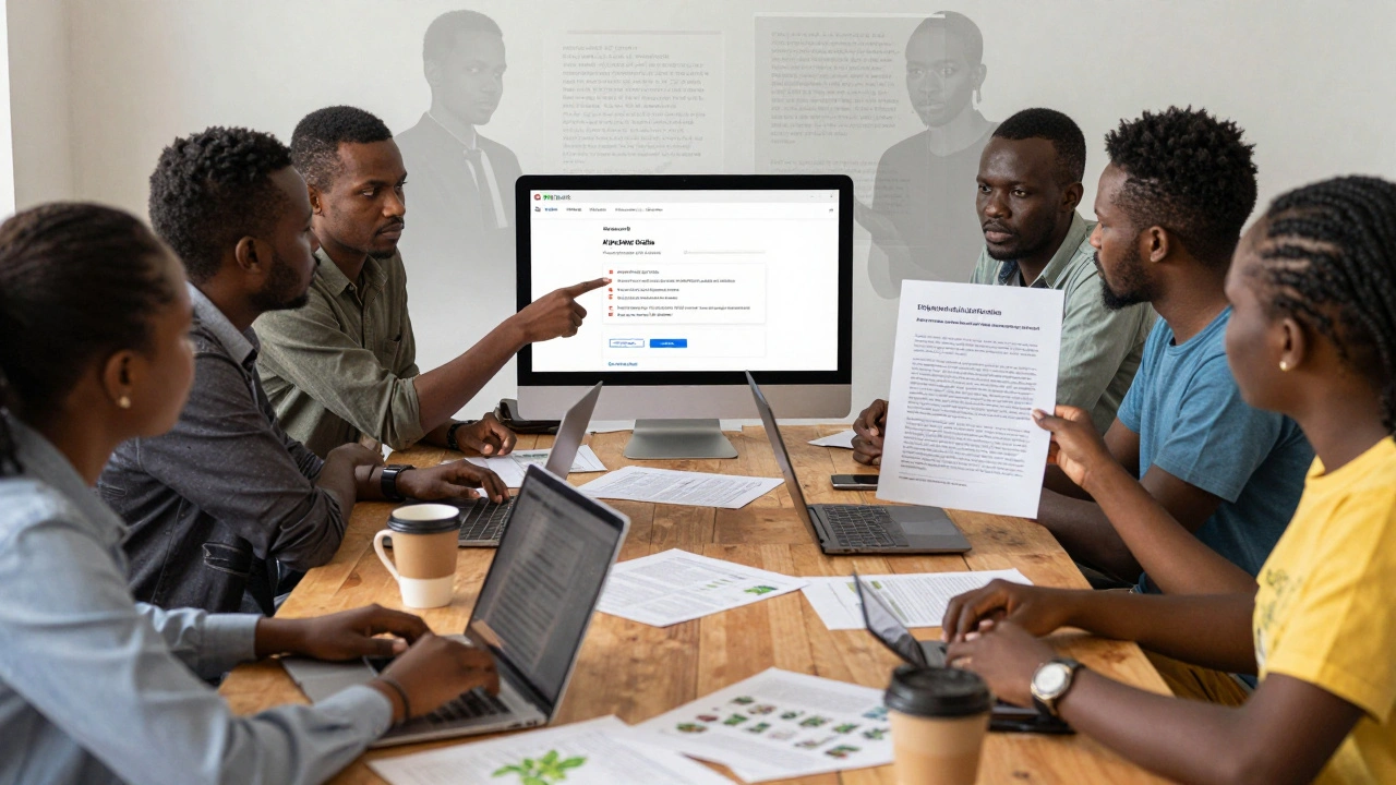 Diverse volunteers reviewing AI-flagged edits, with a Nigerian medicinal plants article in focus.