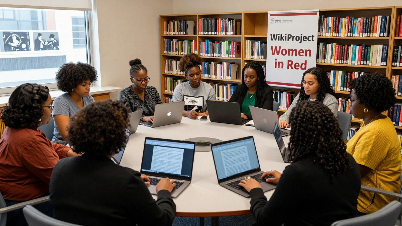 Diverse women collaborating at a library table, editing Wikipedia articles about women in science and activism.
