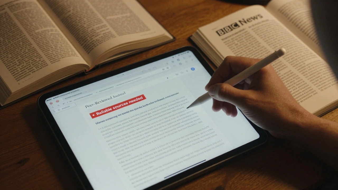 Editor editing a Wikipedia page, with reliable sources like journals and newspapers beside a rejected blog post.