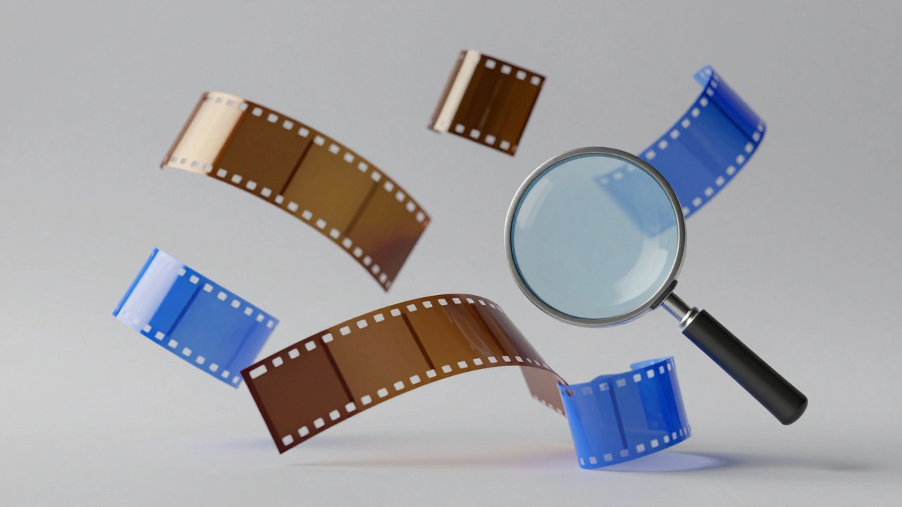Film strips floating with license symbols and magnifying glass