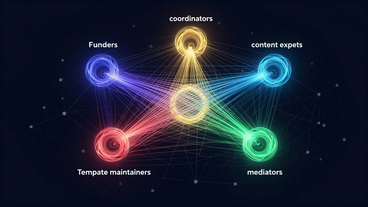 Five luminous threads representing WikiProject roles weaving through a network of article nodes without a central authority.