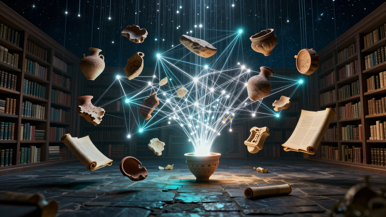 Floating artifacts connected by light in a surreal library
