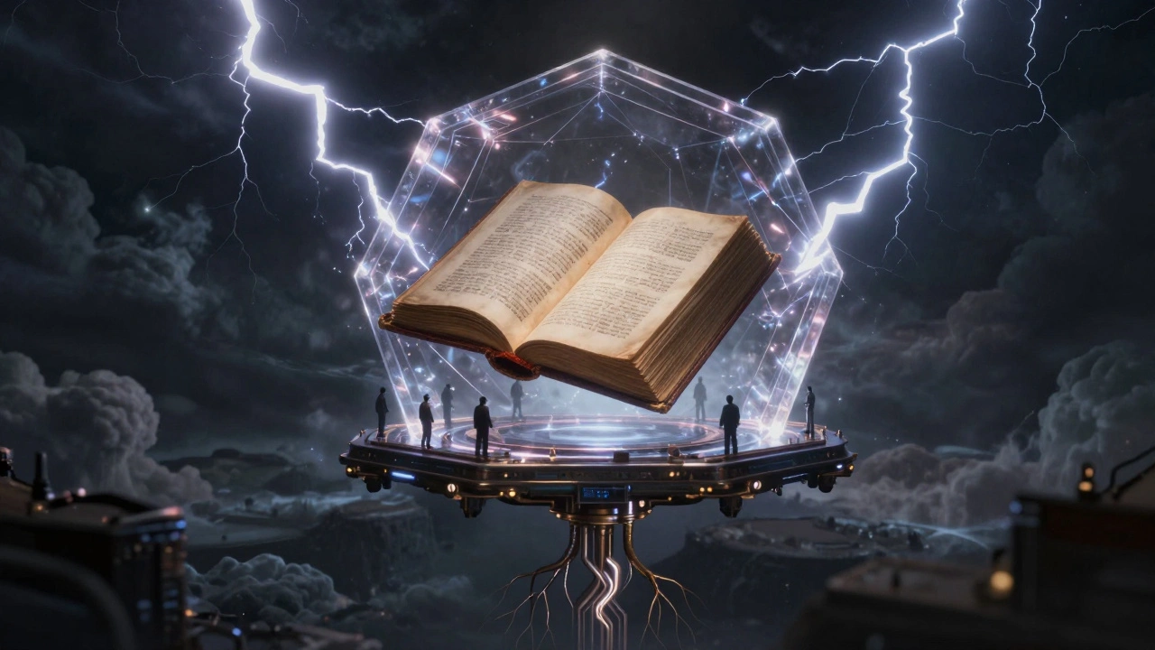 Floating book protected by energy shield against storm clouds, symbolizing resilience against threats.
