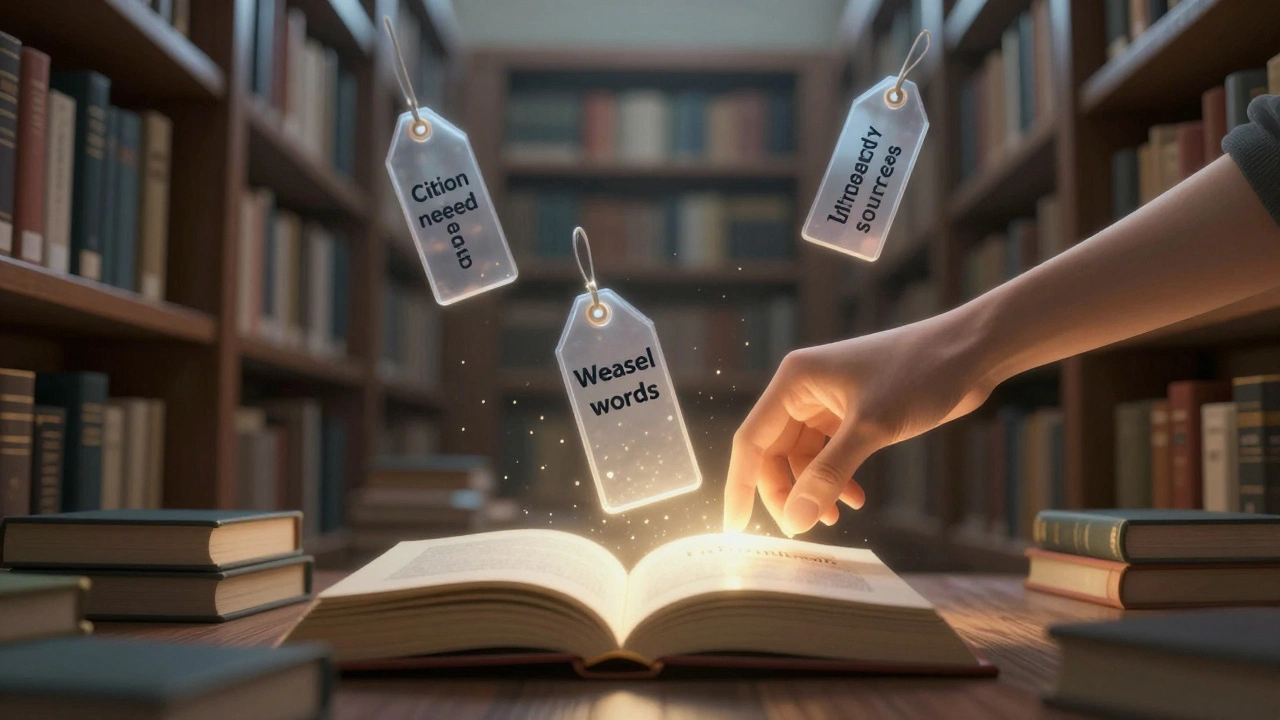 Floating verifiability tags above a library of books, as a hand adds a citation to a Wikipedia volume.