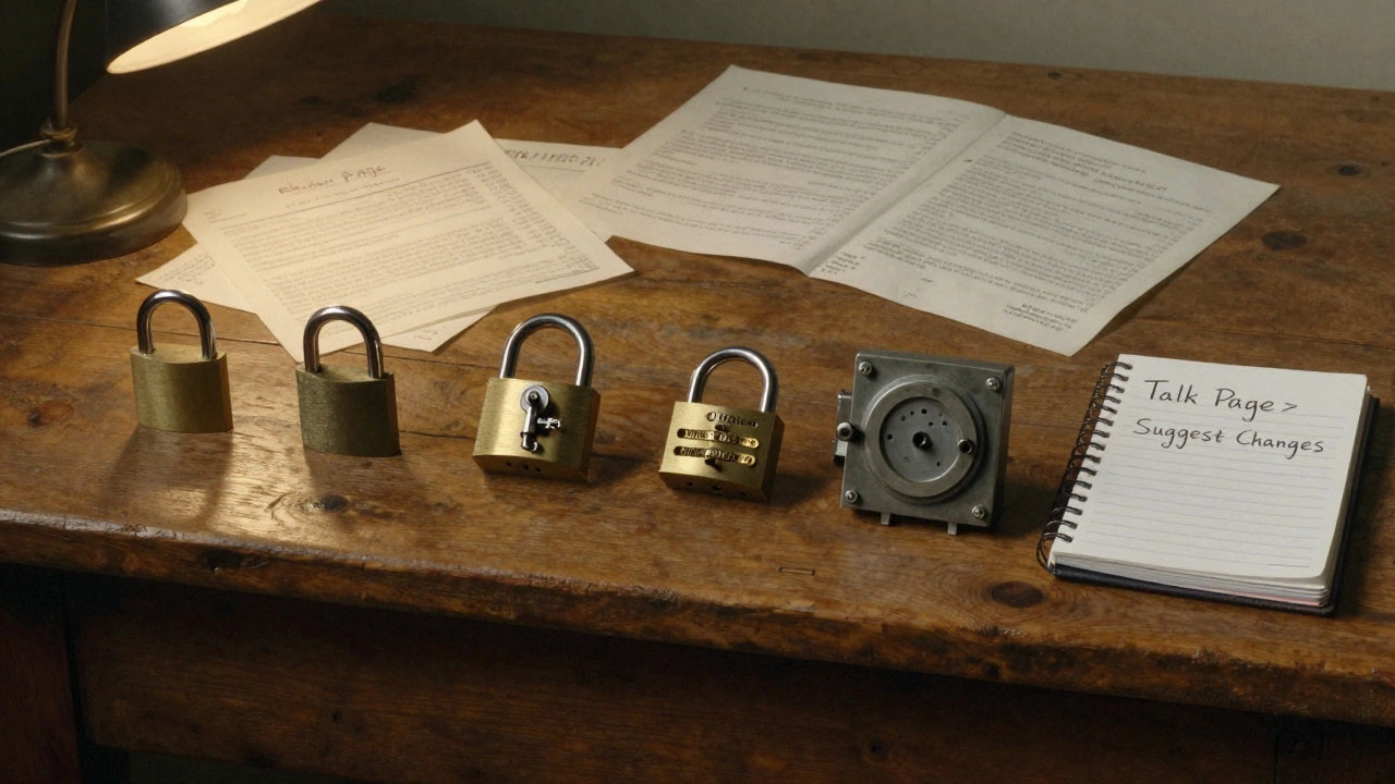Four distinct locks on a wooden table with edit history notes, representing Wikipedia's protection tiers.