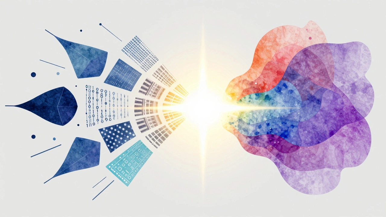 Geometric shapes merging with watercolor textures to show interdisciplinary work.