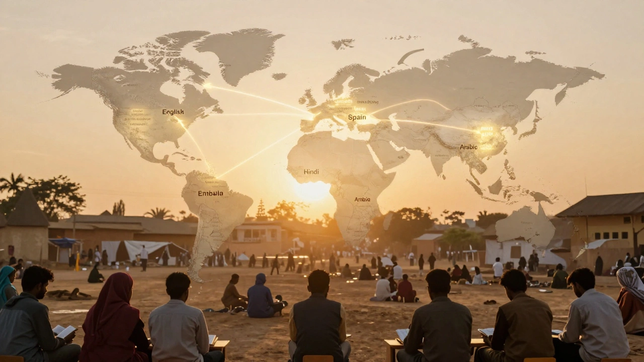 Global map with glowing translation pathways connecting major Wikipedia language communities.