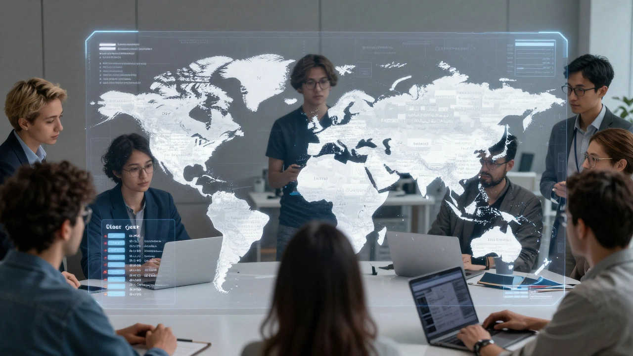 Global team of editors collaborating via holographic interface verifying sources in multiple languages.