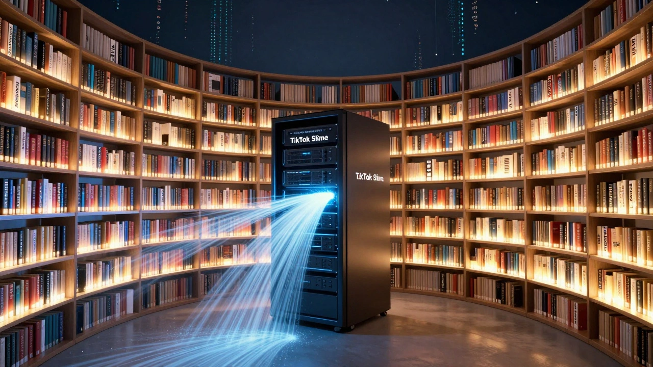 Glowing bookshelves labeled with events feed light into a server, one dim shelf labeled 'TikTok Slime' contrasts with bright predictable ones.