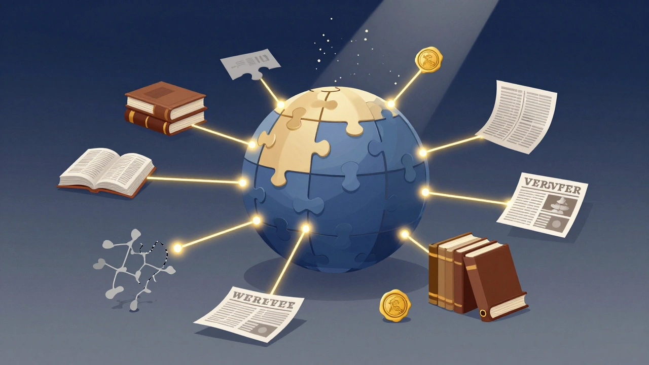 Golden threads connecting digital icons to physical book archives.