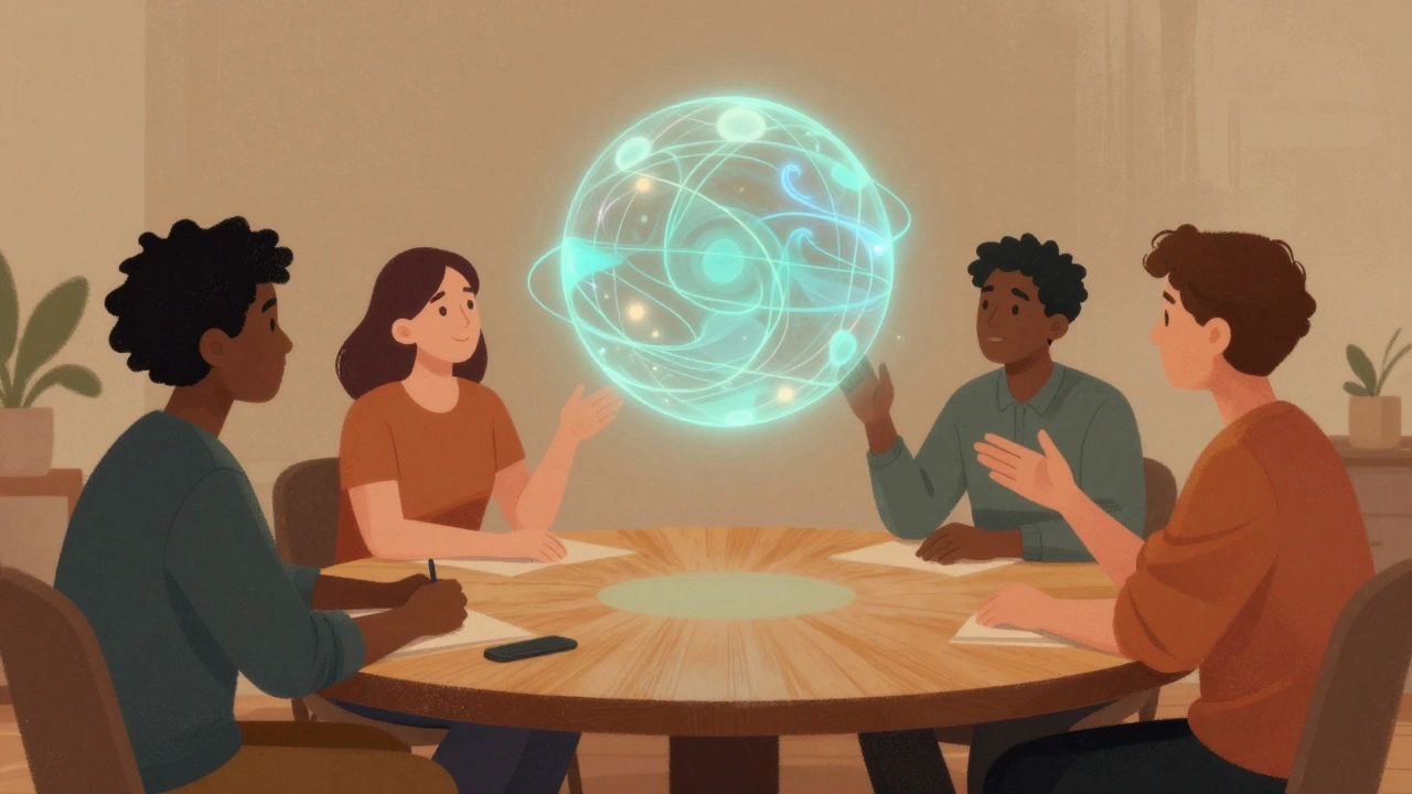 Group collaborating around glowing abstract sphere.