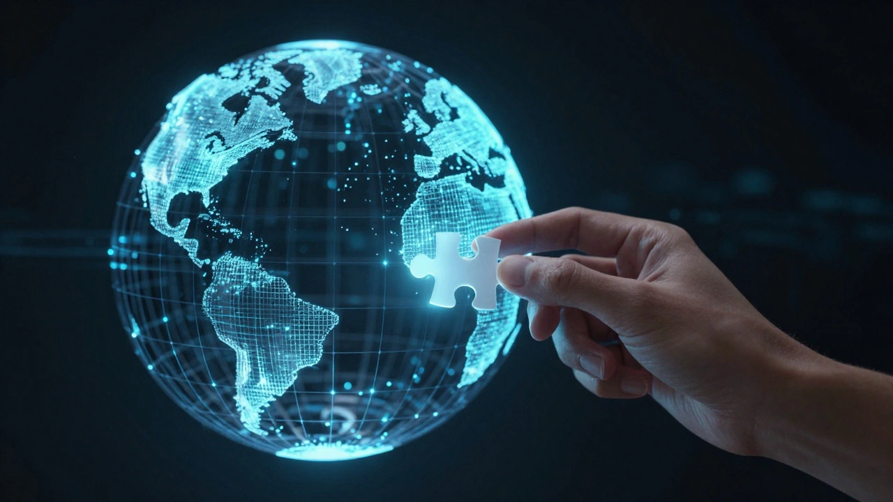 Hand connecting a glowing node to a digital globe network