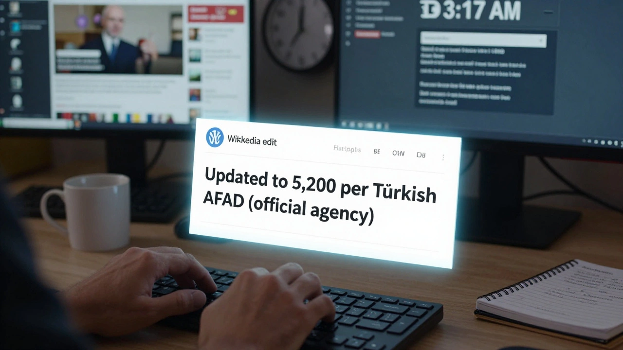 Hand typing a clear Wikipedia edit summary with verified sources visible on monitors in the background.