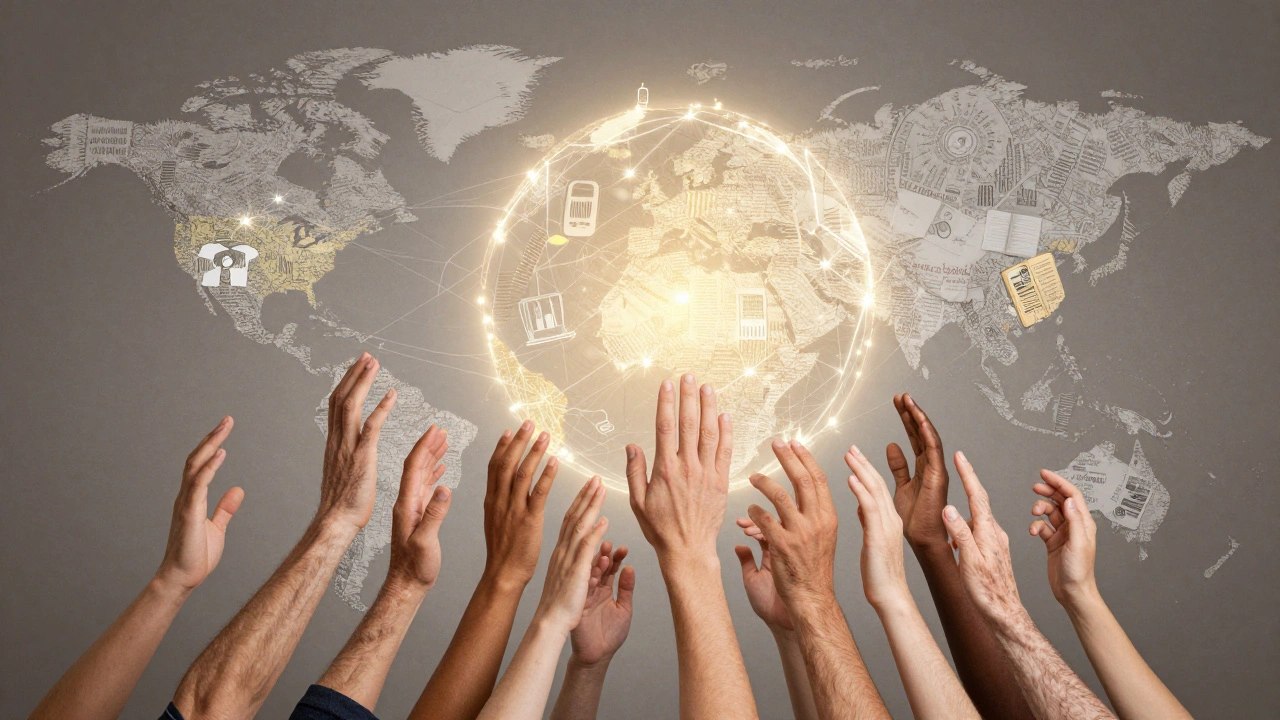 Hands from around the world contributing to a glowing globe of interconnected Wikipedia articles.