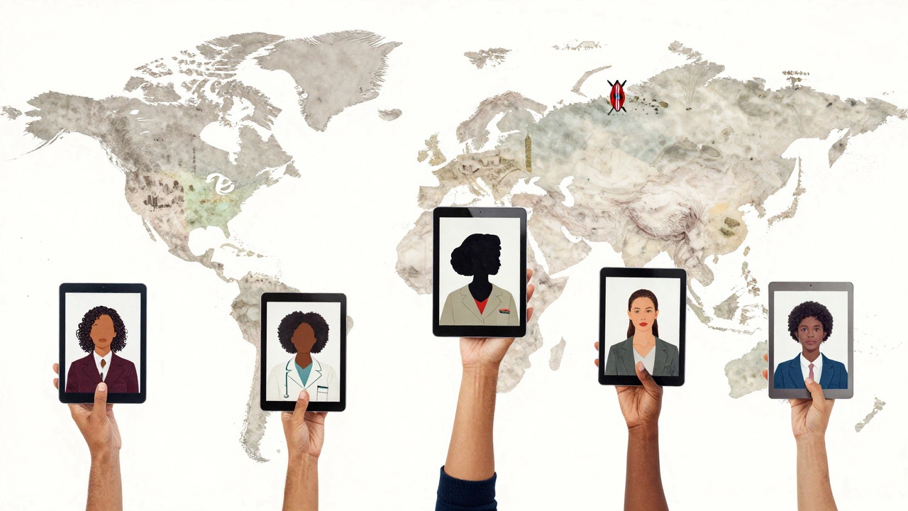 Hands from around the world holding devices showing silhouettes of notable women, symbolizing global collaboration.