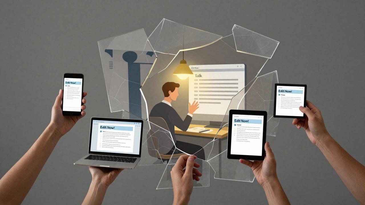 Hands from different devices send coordinated messages through a fractured Wikipedia logo, while one editor edits calmly inside.