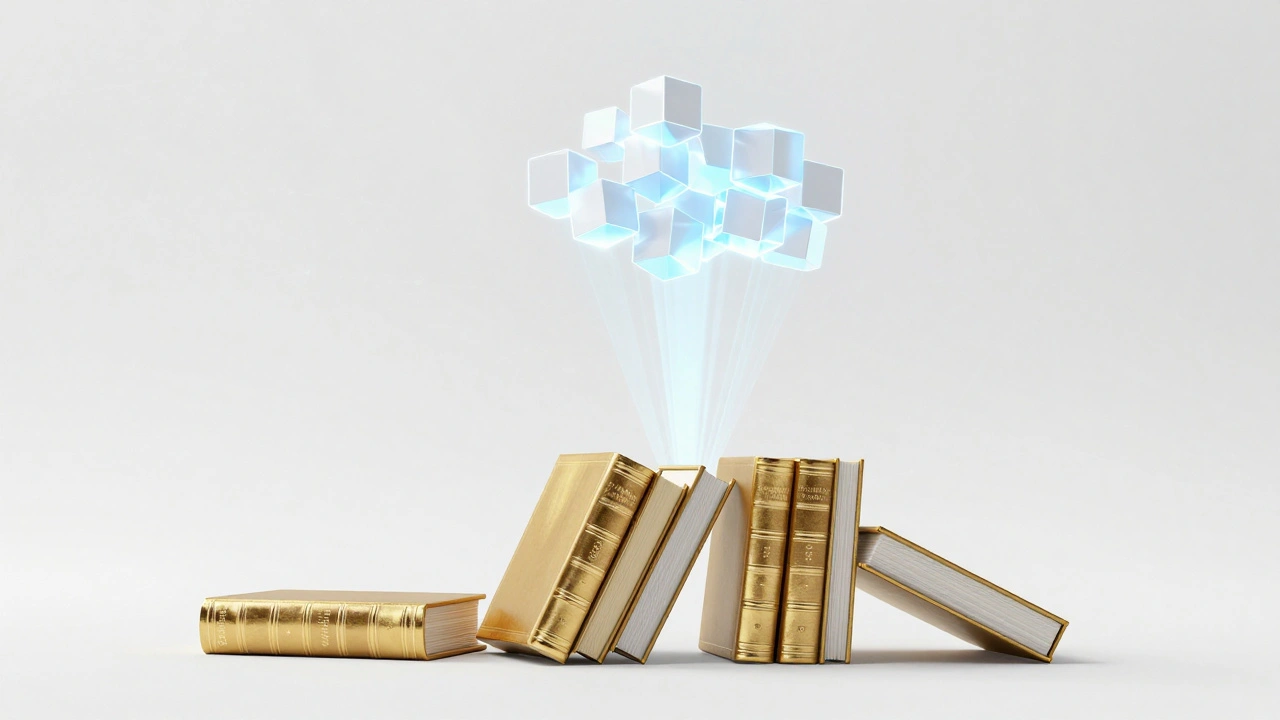 Hardcover books transforming into glowing digital knowledge cubes.