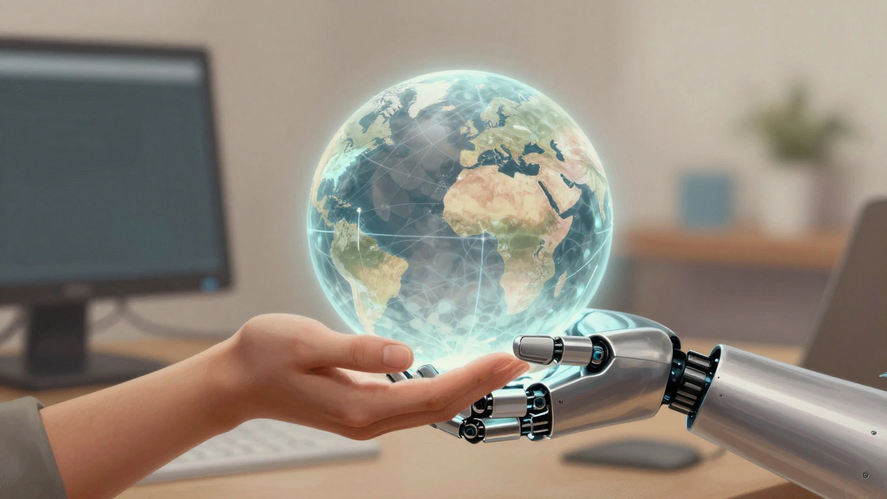 Human and robotic hands holding a glowing globe together.