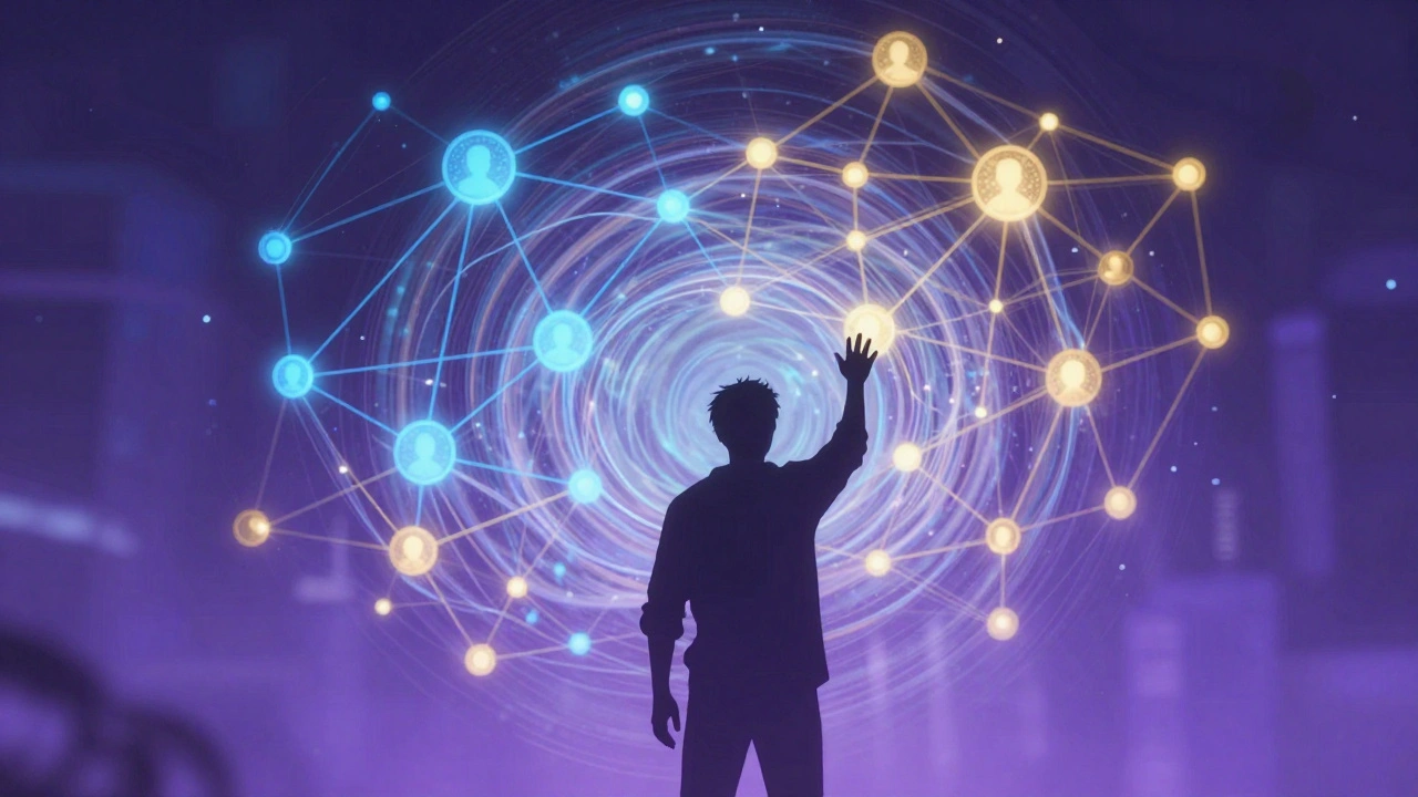 Human silhouette observing a holographic network of blue and gold nodes.