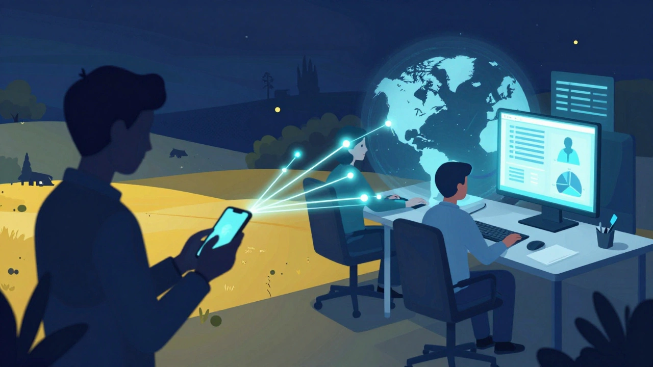 Illustrated connection between a rural user and a global tech support hub via glowing data lines.