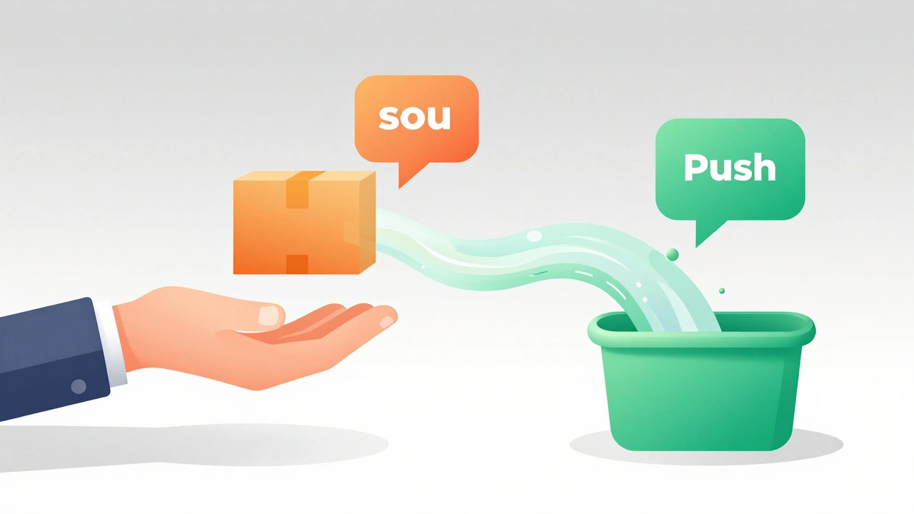 Illustration contrasting a hand reaching for an object versus a stream flowing into a cup.