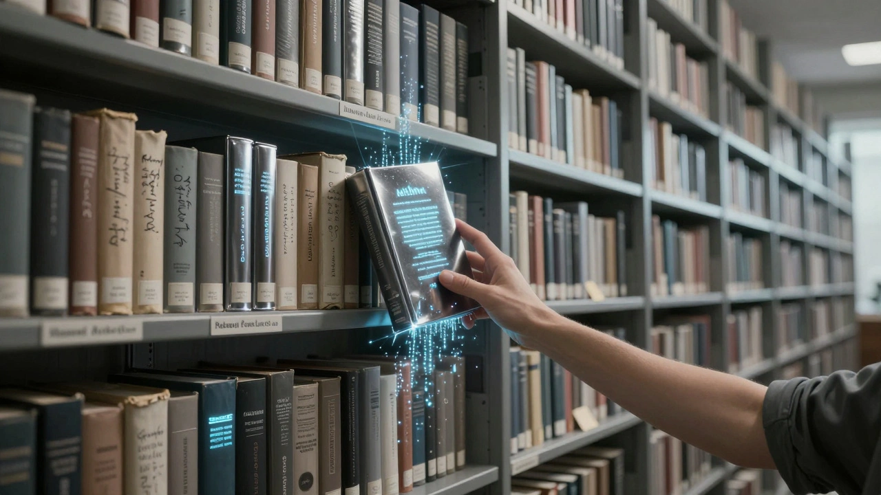 Infinity library with handwritten books and mutating AI-generated volumes, one dissolving into code.