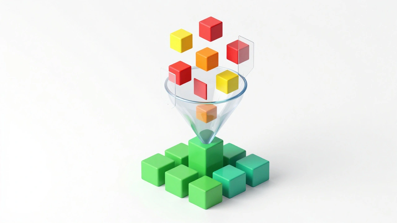 Isometric illustration of data filtering funnel with safety shield icons inside
