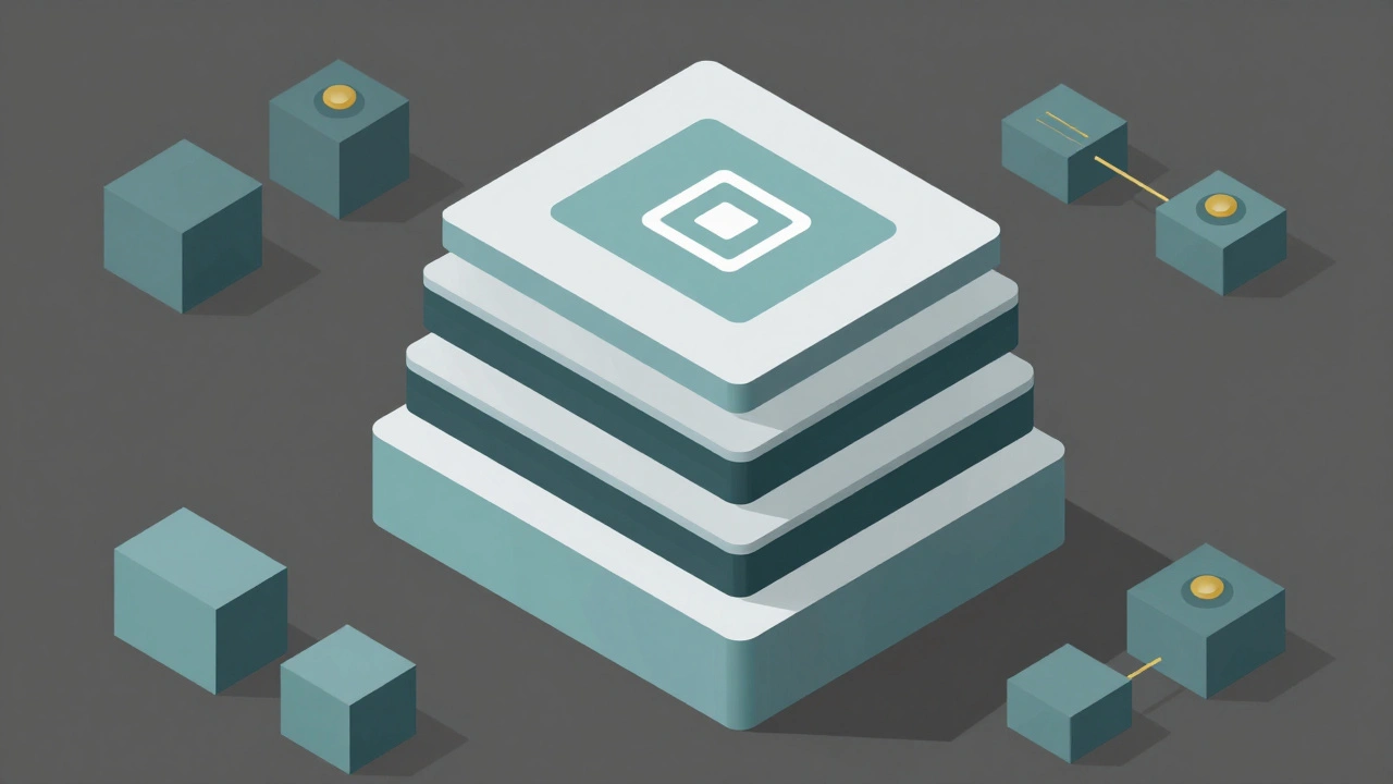 Isometric illustration of software development architecture blocks.