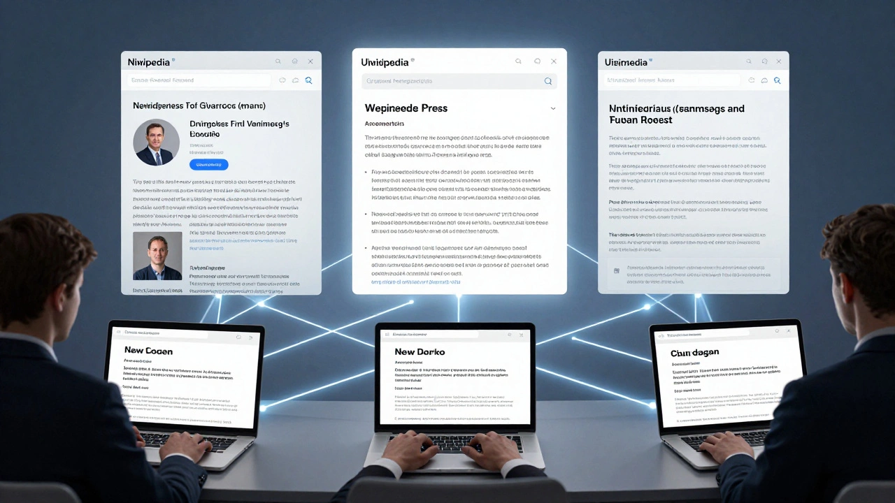 Journalists across cities reporting on the same announcement, triggering a Wikipedia update.