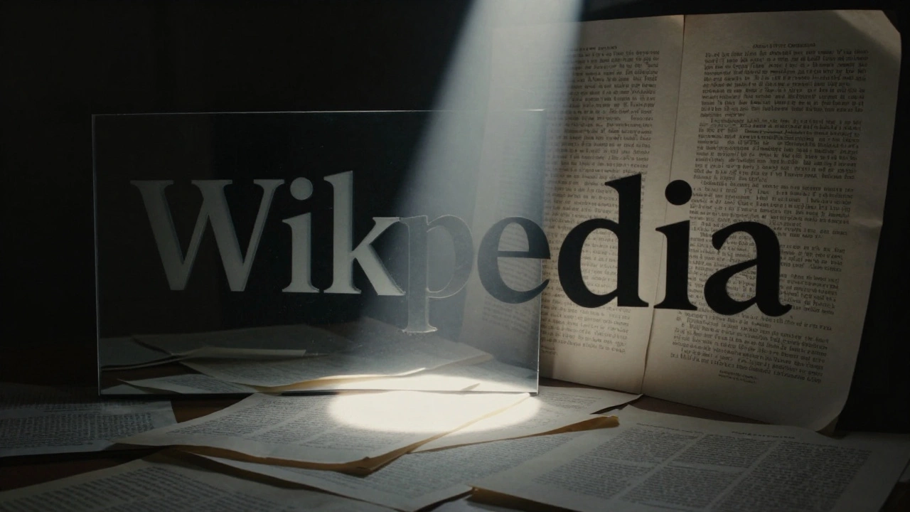 Mirror reflecting distorted Wikipedia text, behind it light shines on original documents like reports and transcripts.